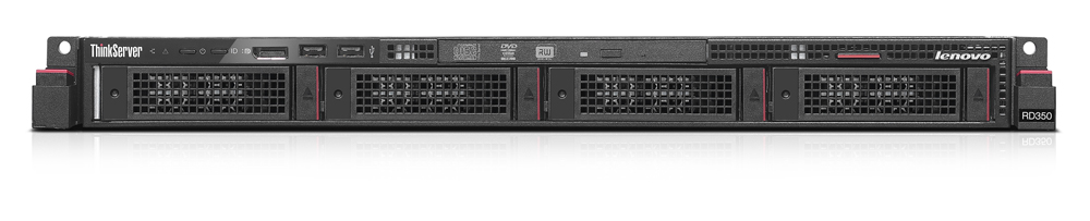 Front view of a Lenovo ThinkServer RD350 rack-mount server with drive bays and status LEDs on the front panel.