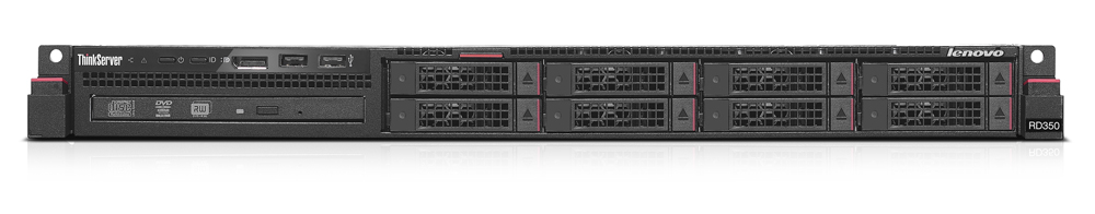 Front view of a Lenovo ThinkServer 1U rack server with eight hot-swappable drive bays, status LEDs, and front management ports.