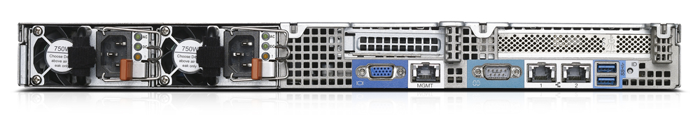 Rear view of a rack server showing two hot‑swap cooling fans, dual power supplies, and multiple I/O ports (VGA, USB, Ethernet, expansion slots).