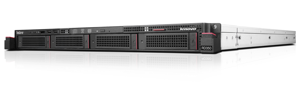 Front view of a Lenovo RD350 rack-mount server with multiple drive bays and red accent lines on the front panel.