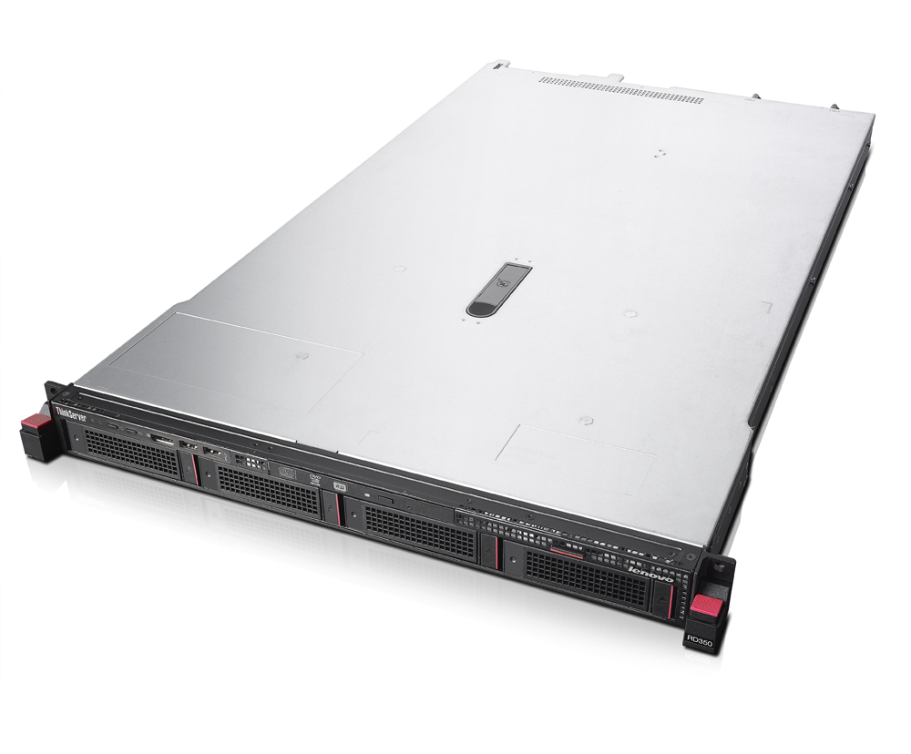 Front view of a Lenovo ThinkServer RD350 rack-mount server with multiple hot-swappable drive bays and red release handles on the front panel