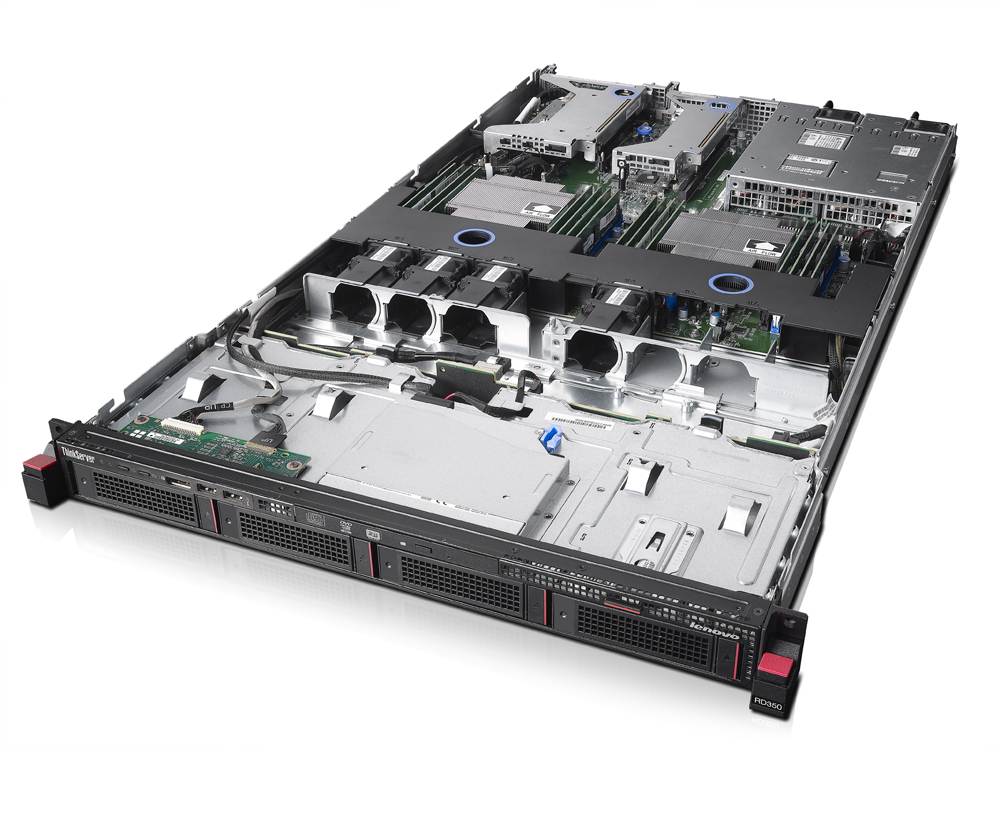 Open rack-mounted server chassis with multiple blades, fans, and drive bays exposed at the front for maintenance and replacement.