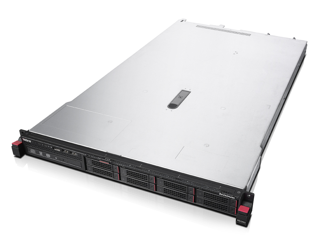 Front view of a Lenovo rack-mounted server blade enclosure with multiple drive bays and red release latches.