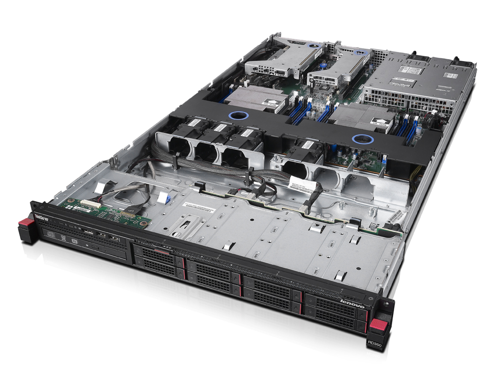 Open server chassis with multiple blades and cooling fans, showing PCIe blades and drive bays in a data center rack unit