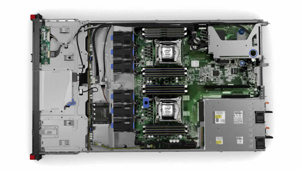 Internal view of a rack server with exposed motherboard, two Intel Xeon CPUs, multiple RAM DIMMs, and drive bays visible on the left.