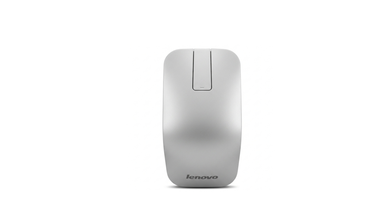 Front-facing white Lenovo wireless mouse with two top buttons and a small center button, logo visible at base.