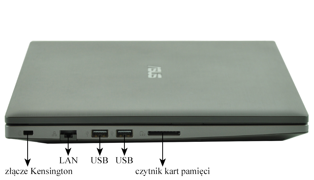 Closed gray laptop with side ports: Kensington lock, LAN, two USB ports, and memory card reader.