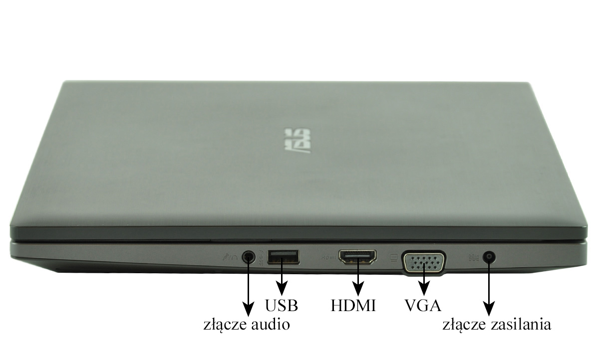 Side view of a closed laptop showing audio jack, USB, HDMI, VGA, and power connector.