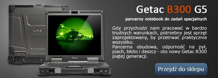 b300_police_lab_banner - lab-kuzniewski.pl - Testy laptopów, recenzje i porównania Getac B300 G5 rugged notebook on a promotional banner with Polish text and a blue 'Przejdź do sklepu' button.