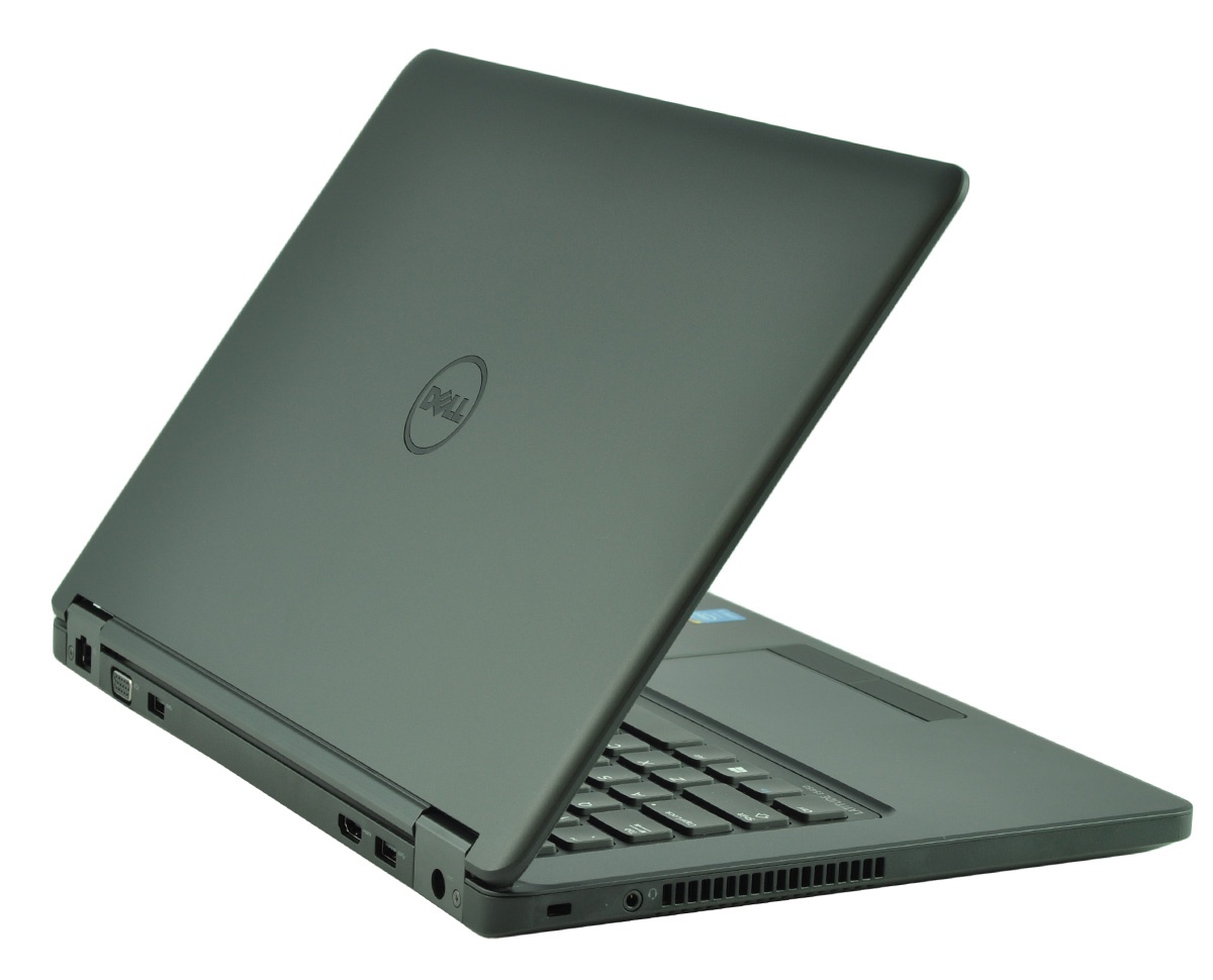 Dark gray Dell laptop, partially open, showing keyboard and side ports