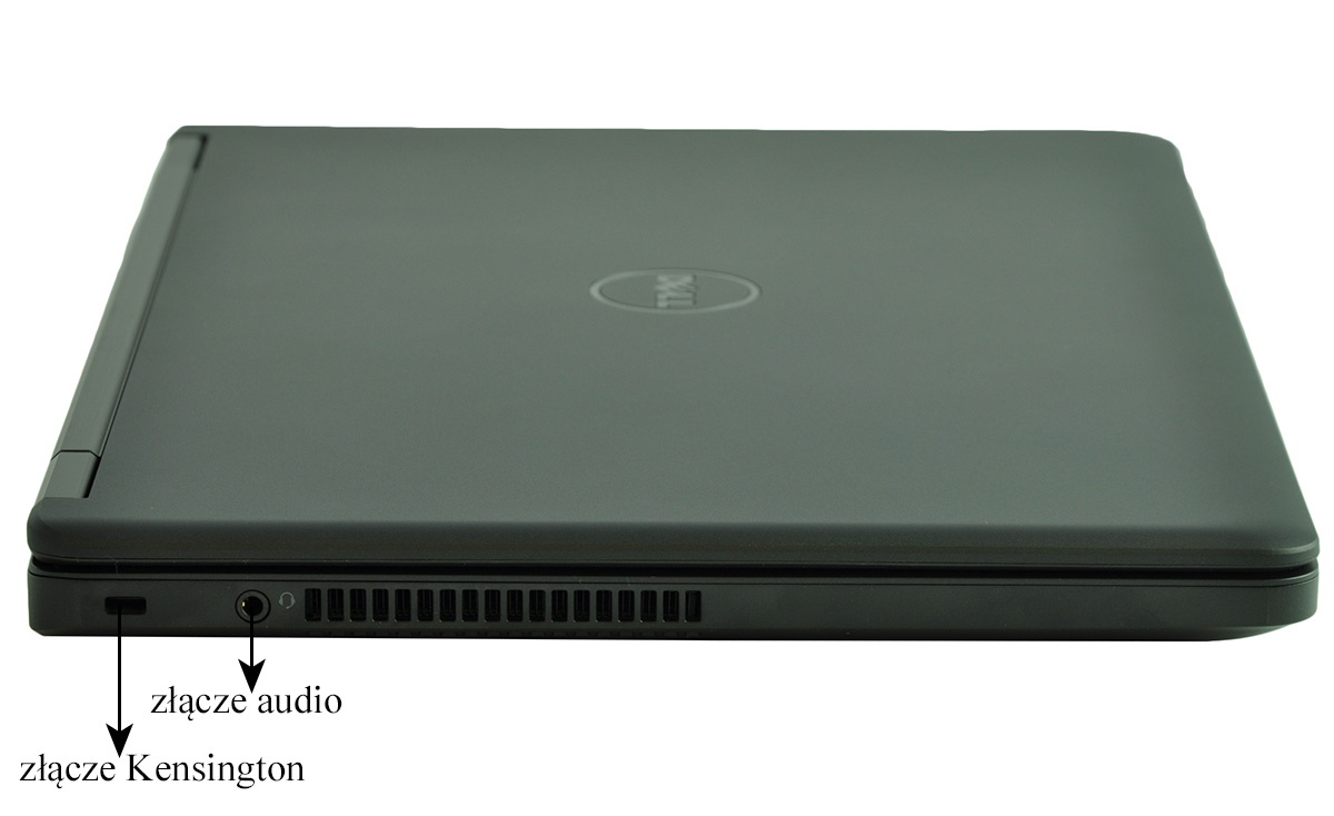 Side view of a closed Dell laptop showing the Kensington security slot and the audio jack on the left edge