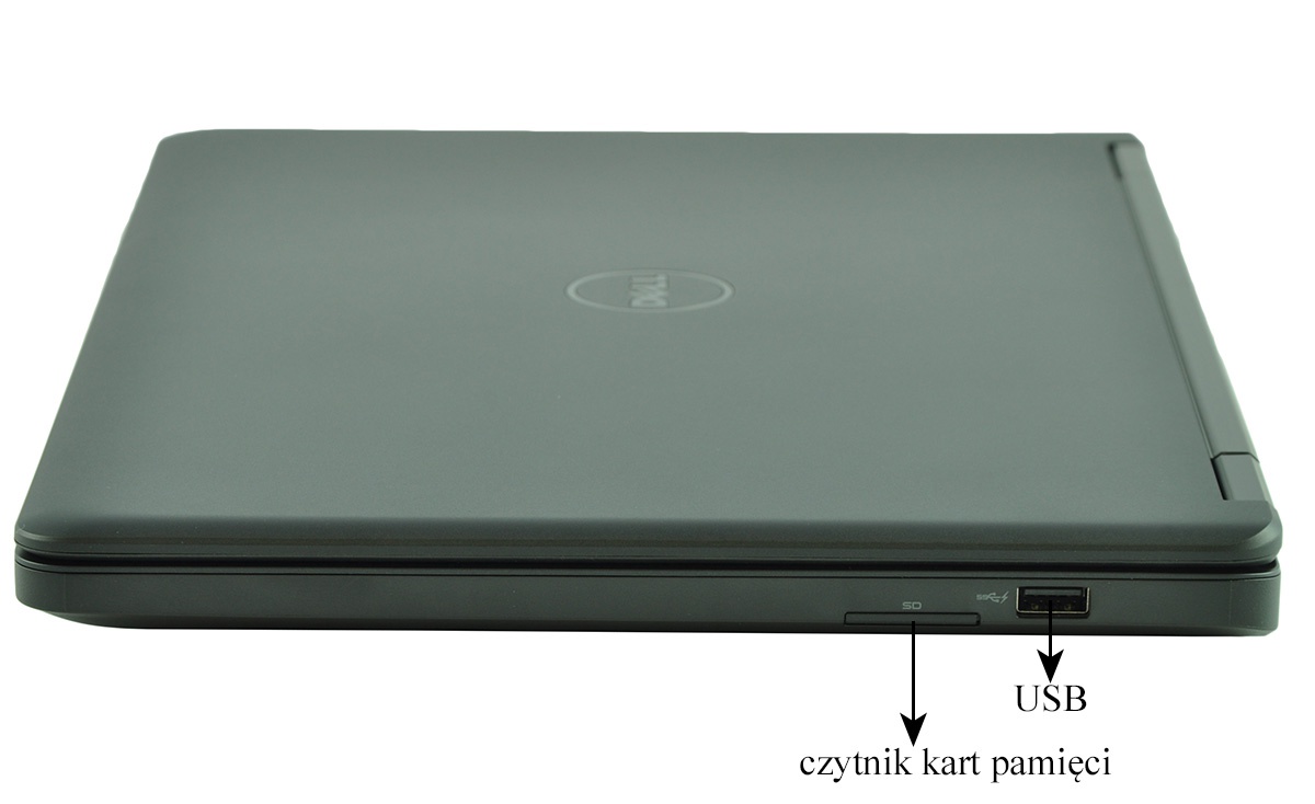 Closed laptop viewed from the side showing a USB port and a memory card reader on the edge (labeled in Polish).
