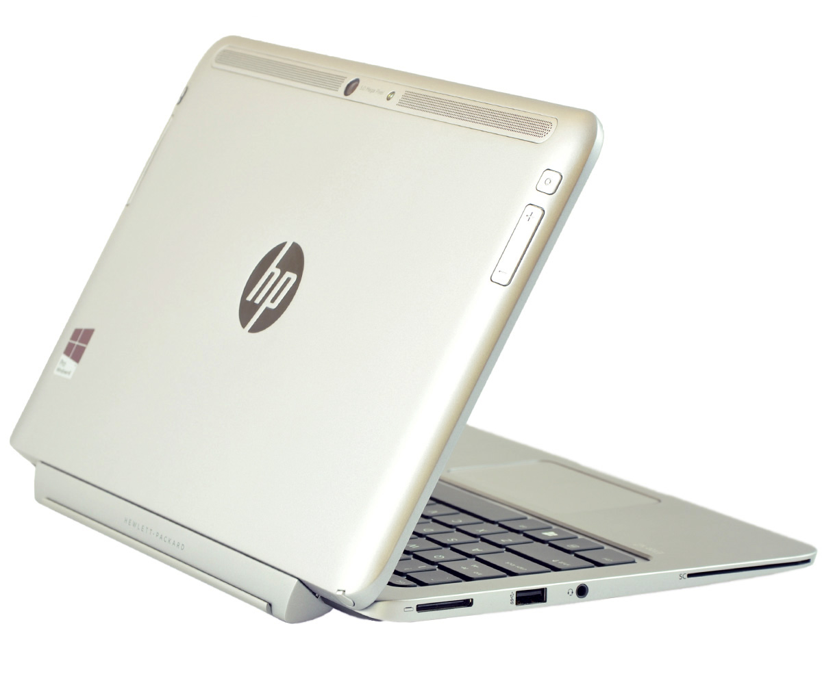 Silver HP laptop opened at a slight angle, showing the back of the screen, keyboard, and side ports (USB and card slot).