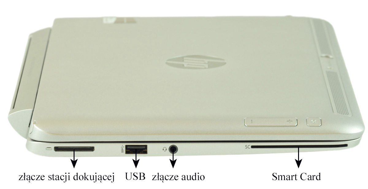 Side view of a silver laptop showing docking connector, USB port, audio jack, and smart card slot on the edge.