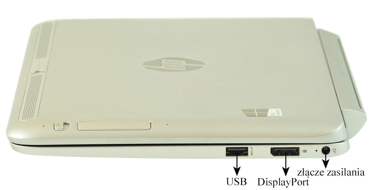 Side view of a silver laptop showing USB port, DisplayPort, and power connector labeled (Polish: złącze zasilania).
