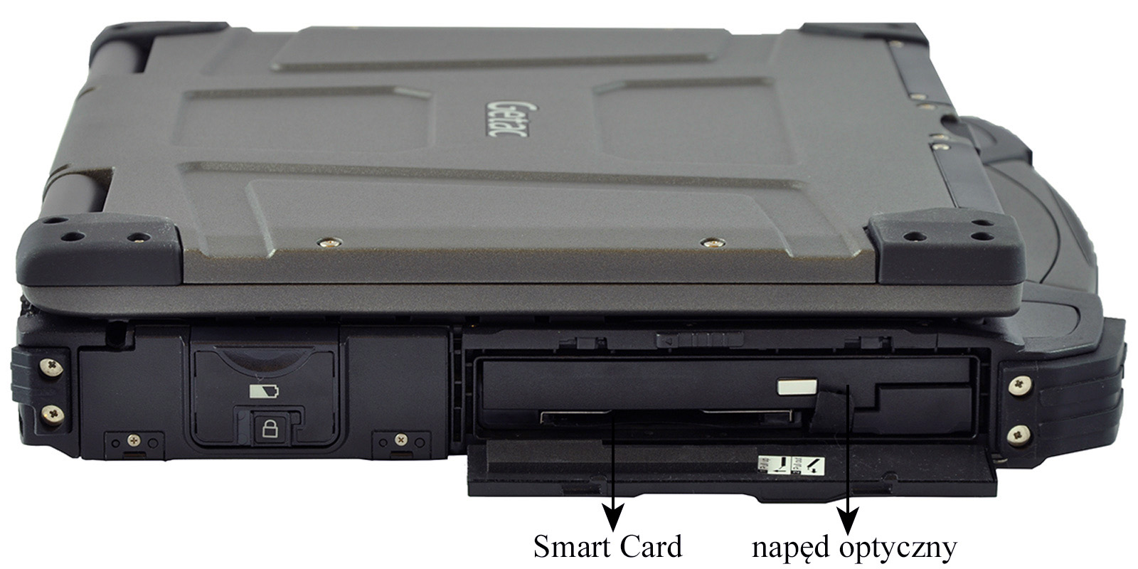 laptop-getac-b300-13_1 - lab-kuzniewski.pl - Testy laptopów, recenzje i porównania Front view of a rugged laptop showing a Smart Card slot and an optical drive bay at the front.