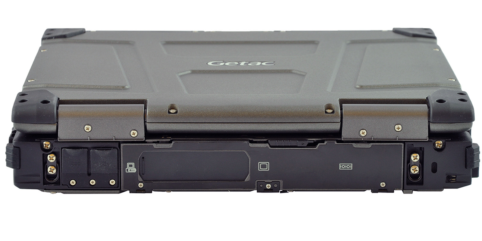 laptop-getac-b300-14_1 - lab-kuzniewski.pl - Testy laptopów, recenzje i porównania Bottom view of a Getac rugged laptop, showing screws, battery area, and side I/O ports along the edge.