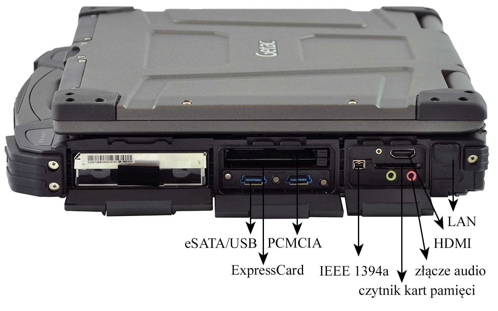 laptop-getac-b300-15_1 - lab-kuzniewski.pl - Testy laptopów, recenzje i porównania Back view of a rugged laptop showing ports: ExpressCard/PCMCIA slots, eSATA/USB, IEEE 1394a, two HDMI/USB-like ports, LAN, and audio jacks (green and pink).