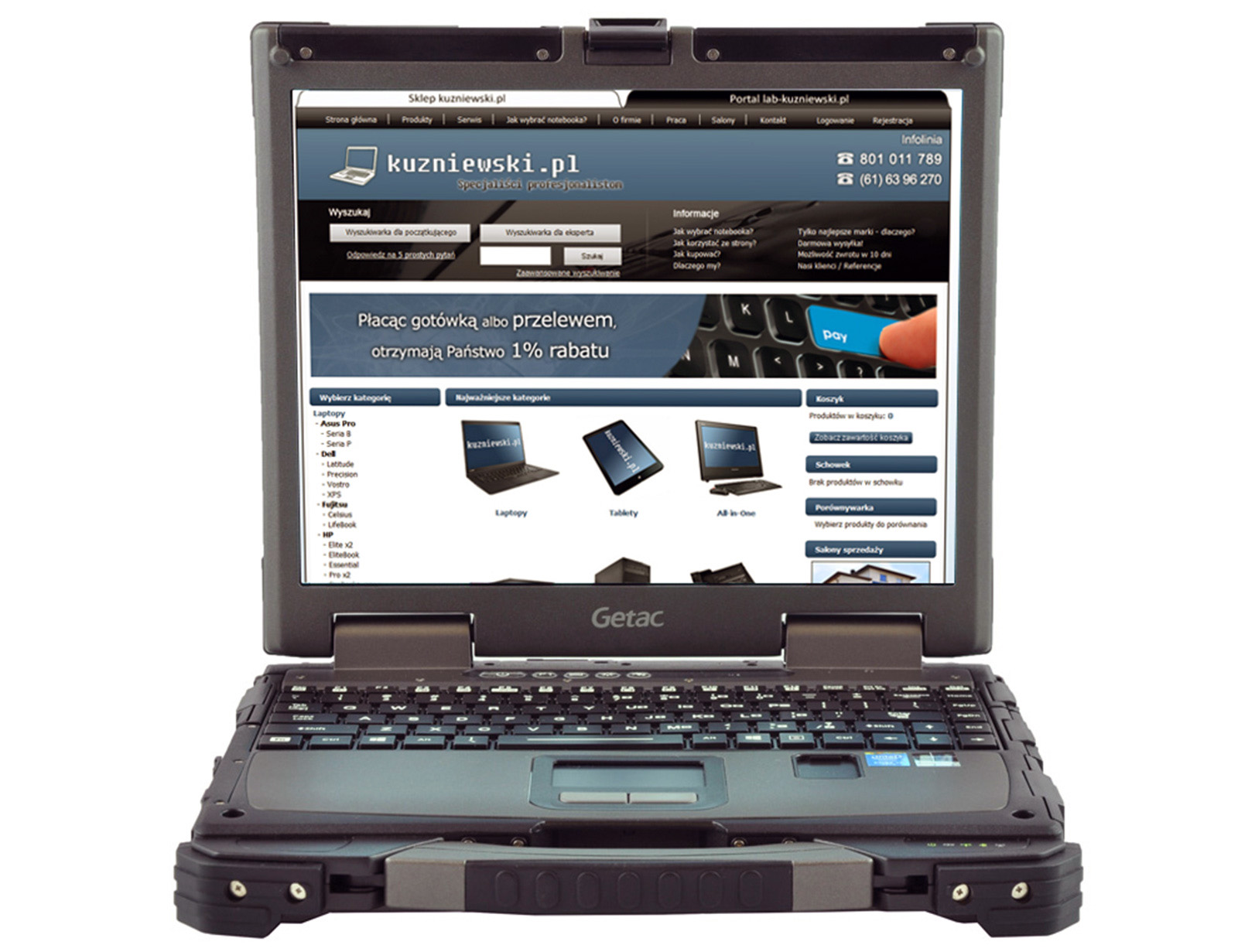 laptop-getac-b300-1_1 - lab-kuzniewski.pl - Testy laptopów, recenzje i porównania Rugged Getac laptop showing a Polish laptop retailer homepage on its screen.