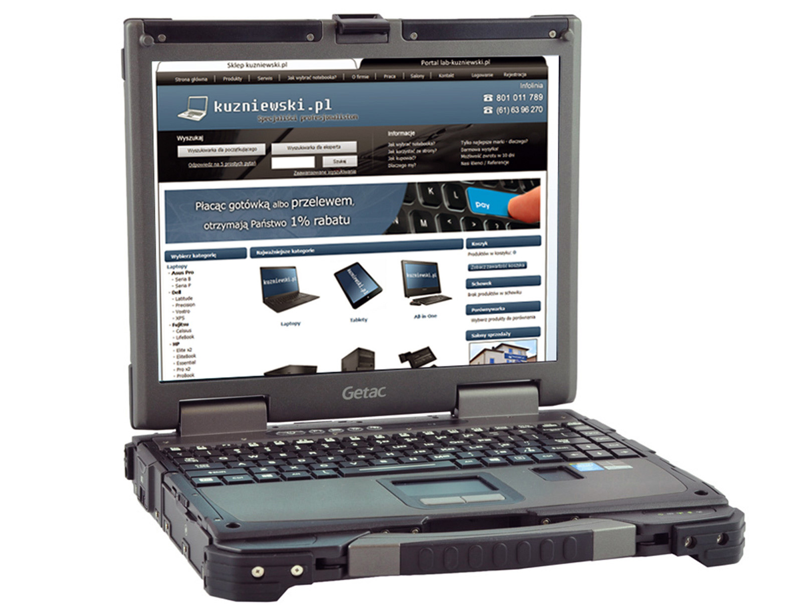laptop-getac-b300-3_1 - lab-kuzniewski.pl - Testy laptopów, recenzje i porównania Rugged Getac laptop open to a website showing product categories and laptops on the screen, with a heavy-duty case and keyboard visible.