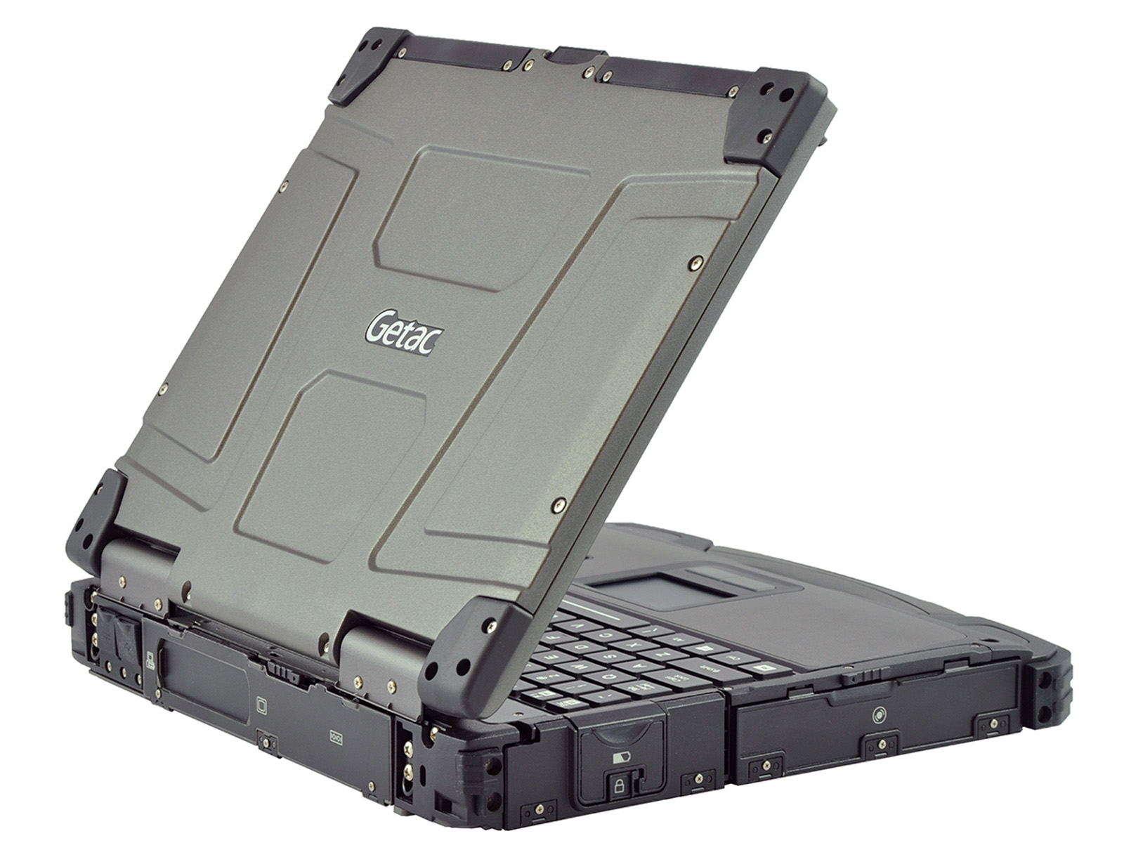 laptop-getac-b300-4_1 - lab-kuzniewski.pl - Testy laptopów, recenzje i porównania Rugged Getac laptop open to reveal the keyboard and tough gray chassis.
