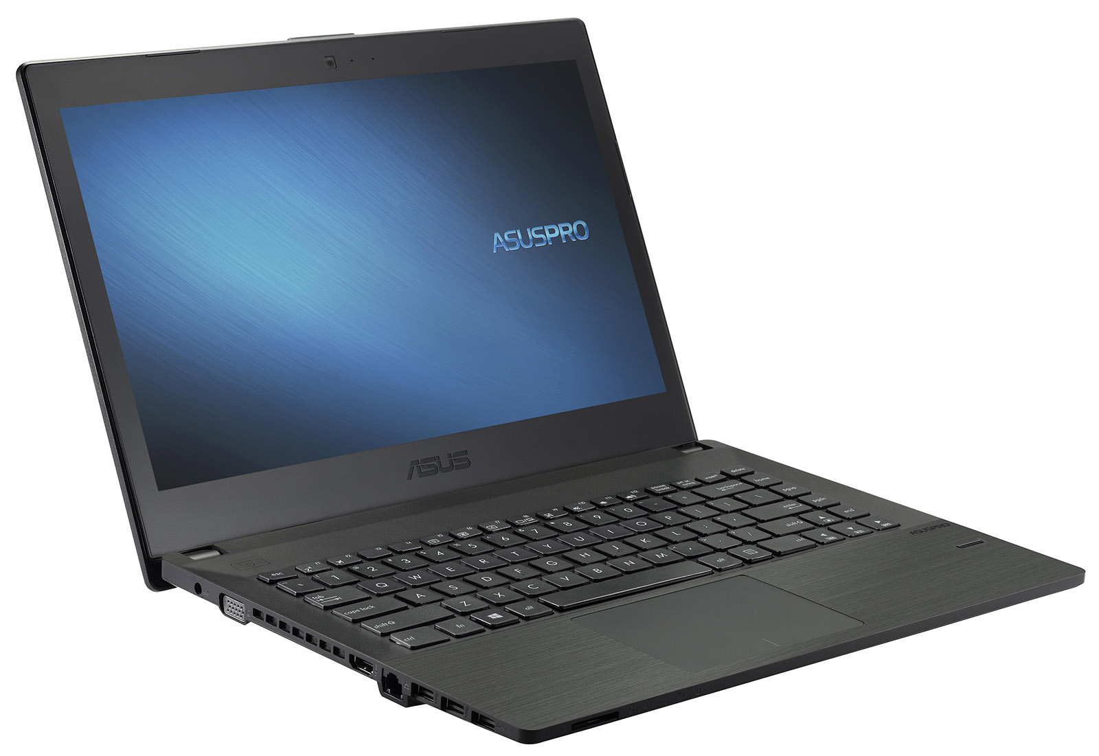 laptop-asus-pro-p2420-3 - lab-kuzniewski.pl - Testy laptopów, recenzje i porównania Open ASUS laptop showing keyboard and blue brushed-screen display; ports visible along left edge.