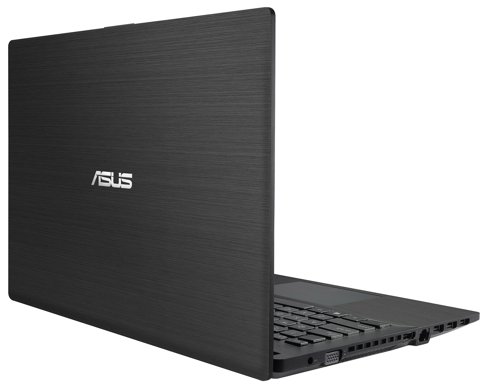 laptop-asus-pro-p2420-4 - lab-kuzniewski.pl - Testy laptopów, recenzje i porównania Black Asus laptop shown from a rear-side angle with brushed-metal lid and visible ports along the right edge