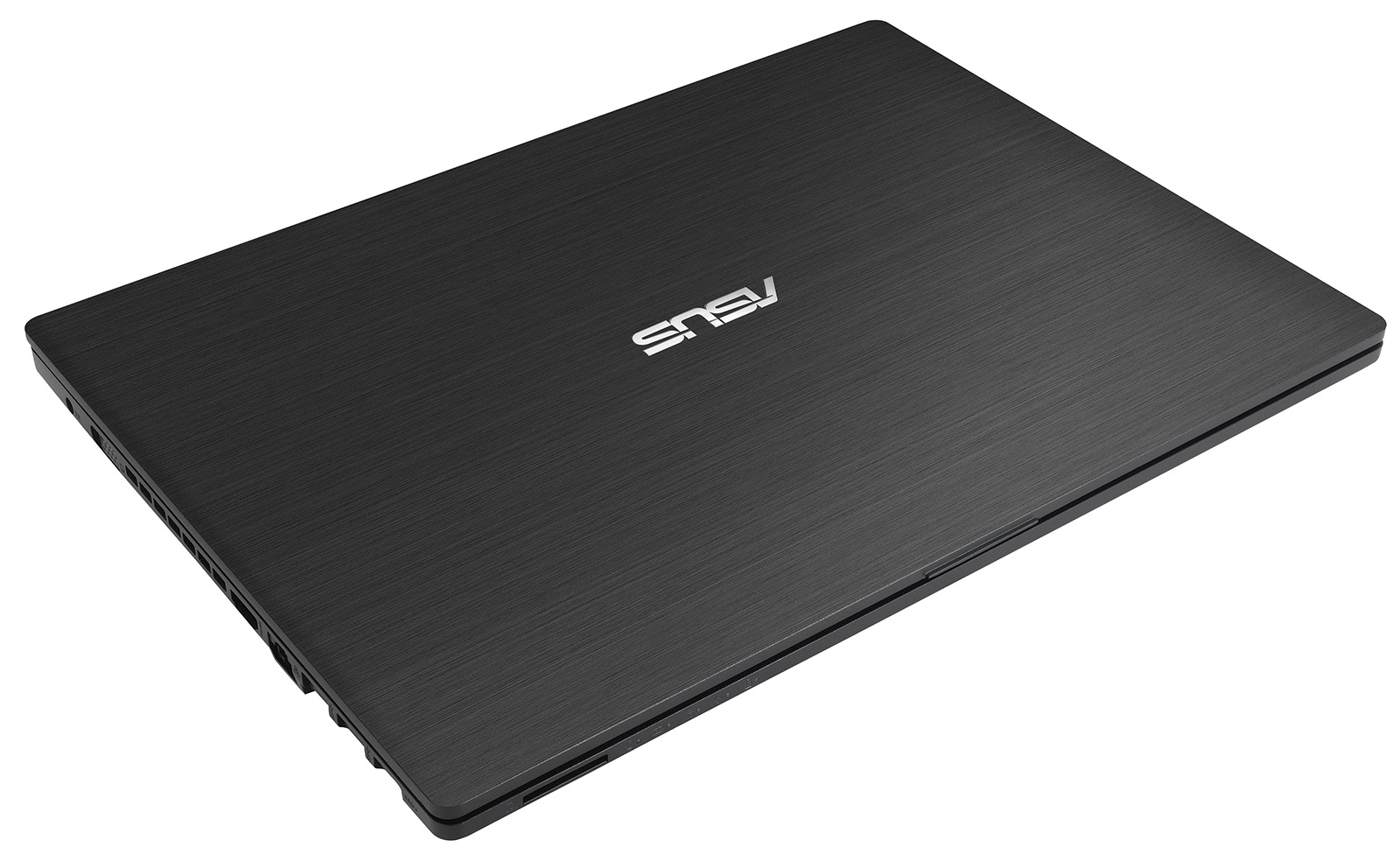 laptop-asus-pro-p2420-6 - lab-kuzniewski.pl - Testy laptopów, recenzje i porównania Closed black brushed-aluminum laptop with an ASUS logo on the lid, viewed from a slight top-left angle in a sleek, portable design.