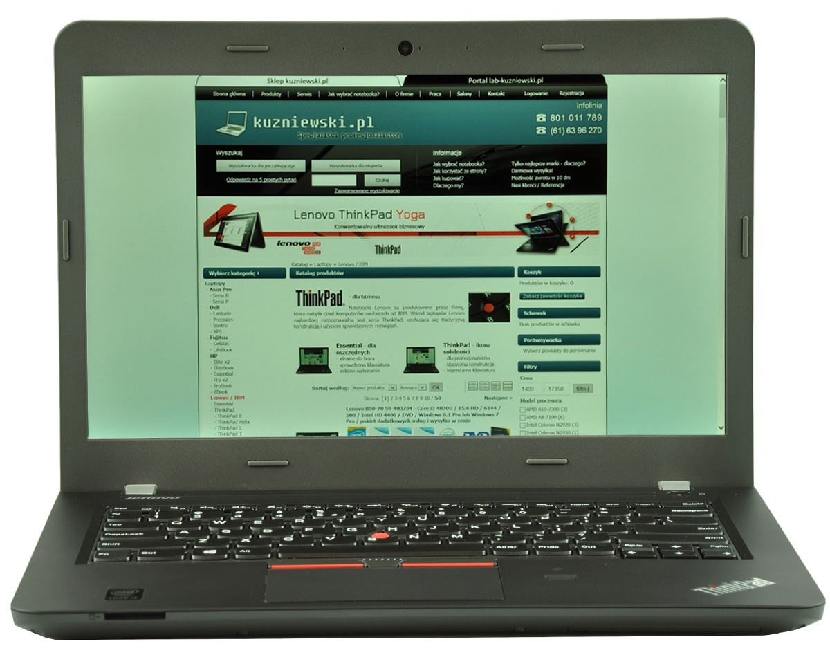 laptop-lenovo-thinkpad-e450-1 - lab-kuzniewski.pl - Testy laptopów, recenzje i porównania Open Lenovo ThinkPad laptop displaying a Polish website on the screen.
