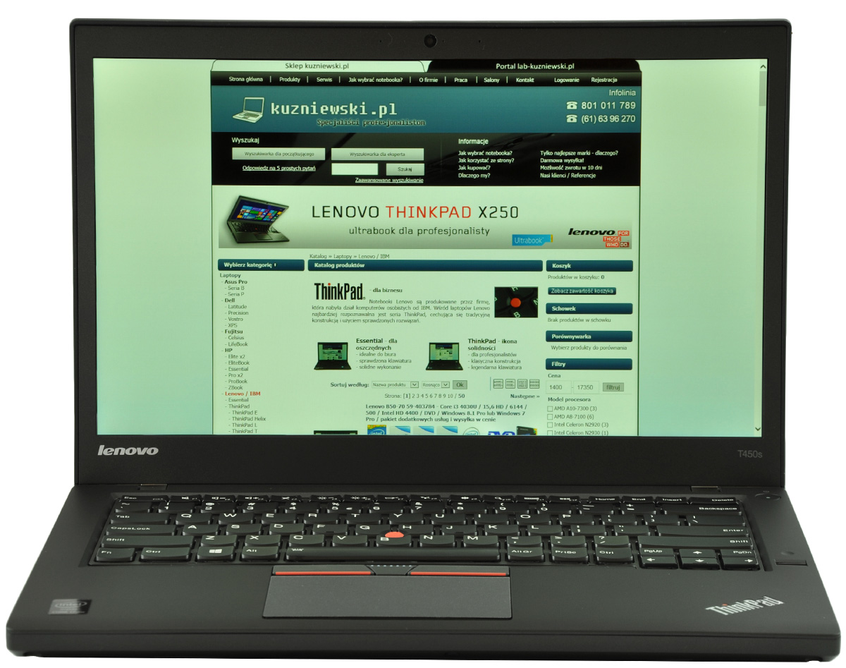 laptop-lenovo-thinkpad-t450s-1 - lab-kuzniewski.pl - Testy laptopów, recenzje i porównania Lenovo ThinkPad laptop with a website displayed on the screen, showing a tech store page