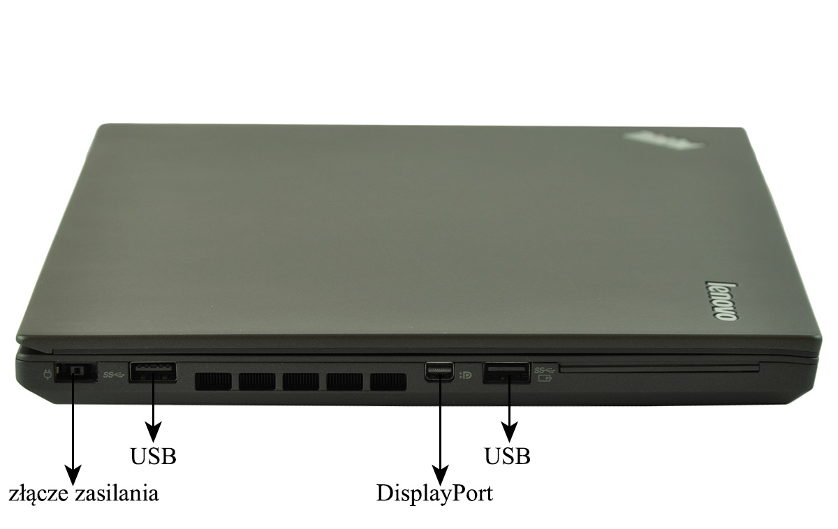 laptop-lenovo-thinkpad-t450s-13 - lab-kuzniewski.pl - Testy laptopów, recenzje i porównania Side view of a closed Lenovo laptop showing power input, USB ports, and a DisplayPort along the front edge area on the left side/center bottom of the device.