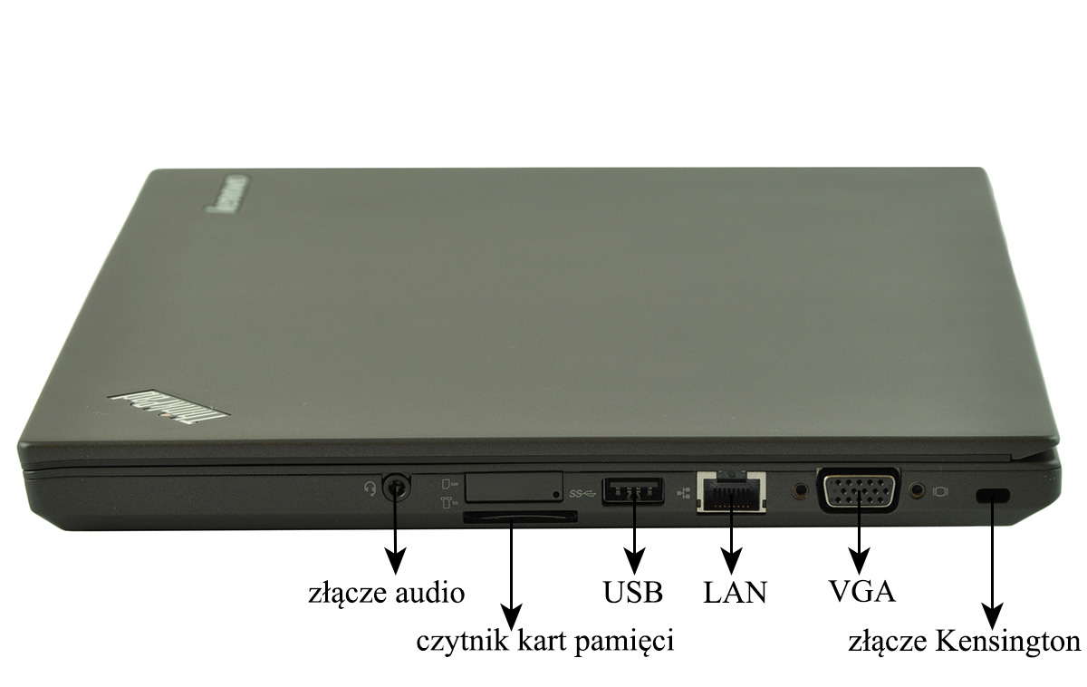 laptop-lenovo-thinkpad-t450s-15 - lab-kuzniewski.pl - Testy laptopów, recenzje i porównania Side view of a closed laptop showing ports: audio jack, memory card reader, USB, Ethernet (LAN), VGA, and Kensington lock