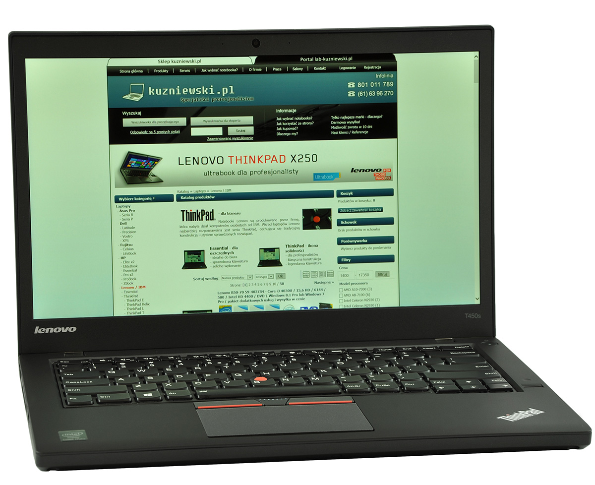 laptop-lenovo-thinkpad-t450s-3 - lab-kuzniewski.pl - Testy laptopów, recenzje i porównania Laptop computer open to a Polish webpage showing a Lenovo ThinkPad banner on the screen (ThinkPad X250).