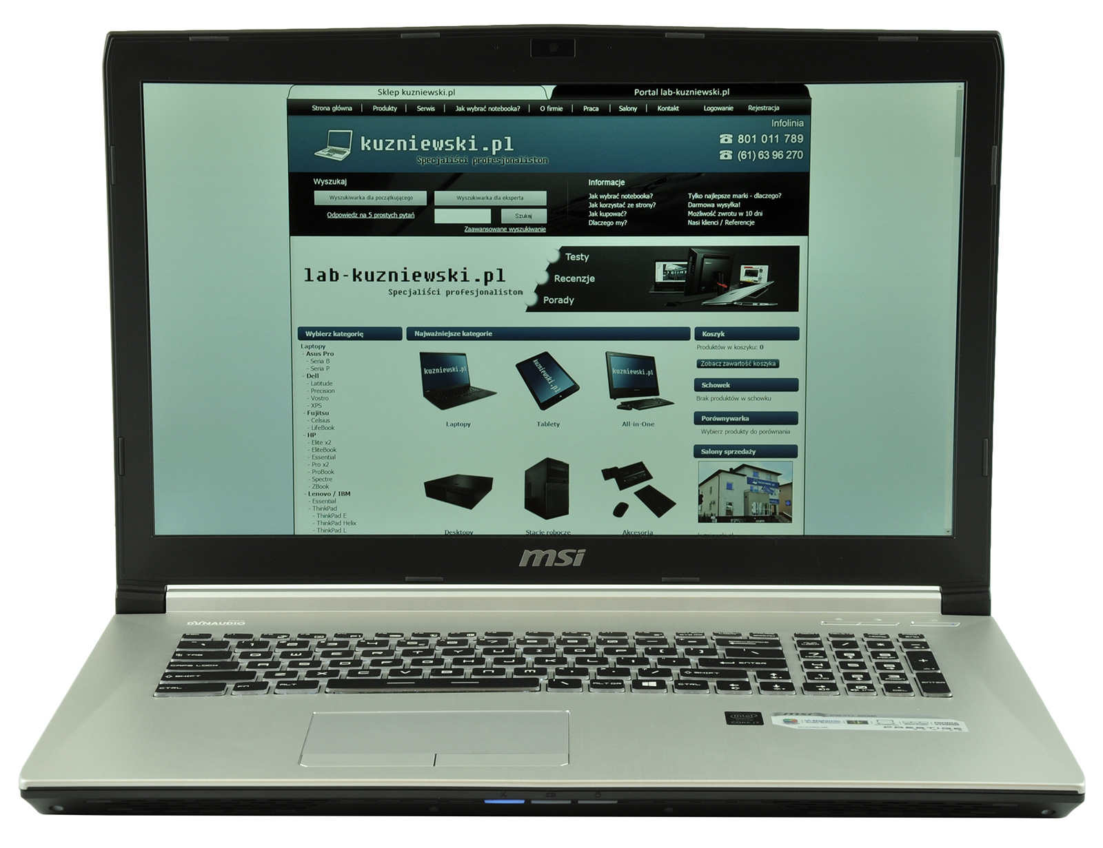 msi-pe70-2qd-core-i7-472_133008 - lab-kuzniewski.pl - Testy laptopów, recenzje i porównania Laptop showing a website for kuzniewski.pl with a blue header and navigation on the screen widen out to the edges of the display.
