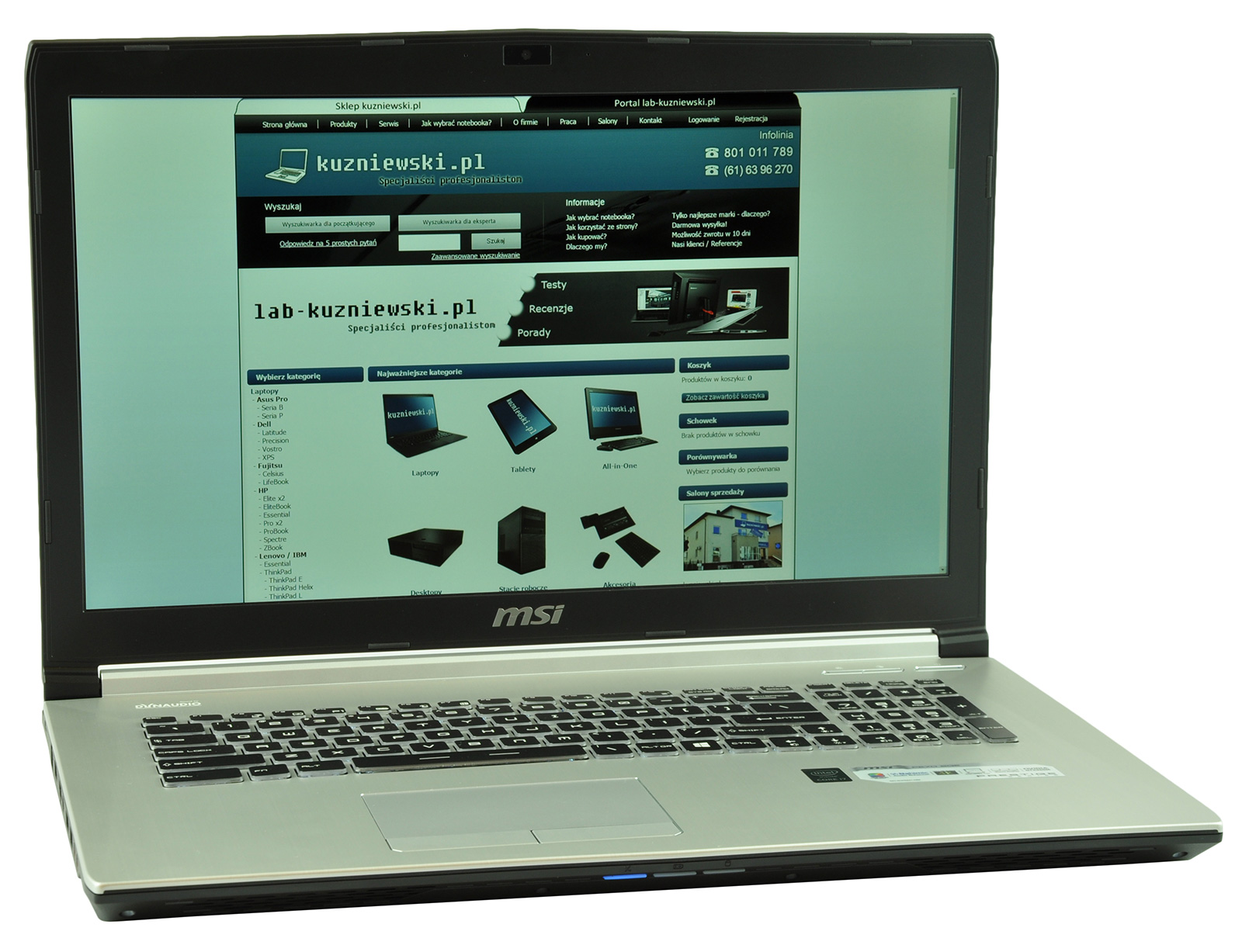 msi-pe70-2qd-core-i7-472_133010 - lab-kuzniewski.pl - Testy laptopów, recenzje i porównania MSI laptop open to a Polish electronics site displayed on the screen