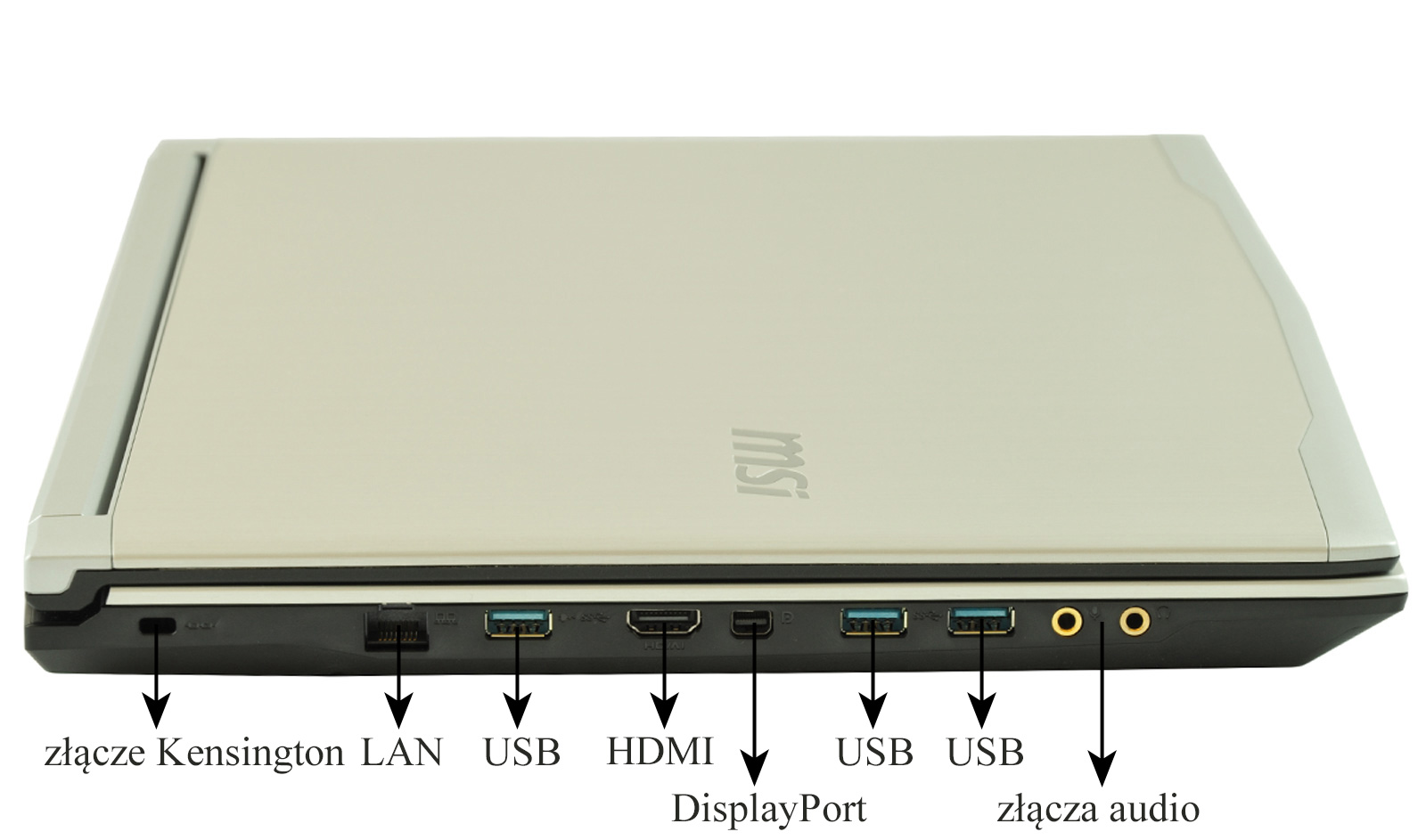 msi-pe70-2qd-core-i7-472_133020 - lab-kuzniewski.pl - Testy laptopów, recenzje i porównania Slim silver MSI laptop closed from the side showing left‑side ports: Kensington lock, Ethernet, USB, HDMI, DisplayPort, USB, USB, and audio jacks (labels in Polish).