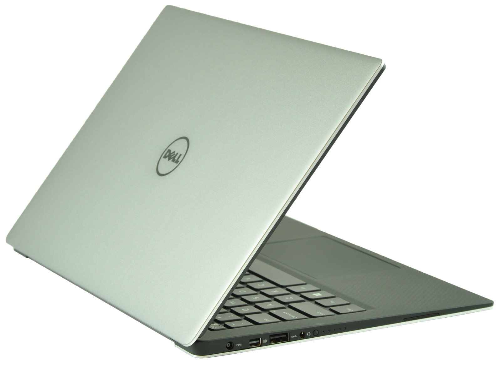 Open silver Dell laptop viewed from side, showing keyboard and ports along the base edge