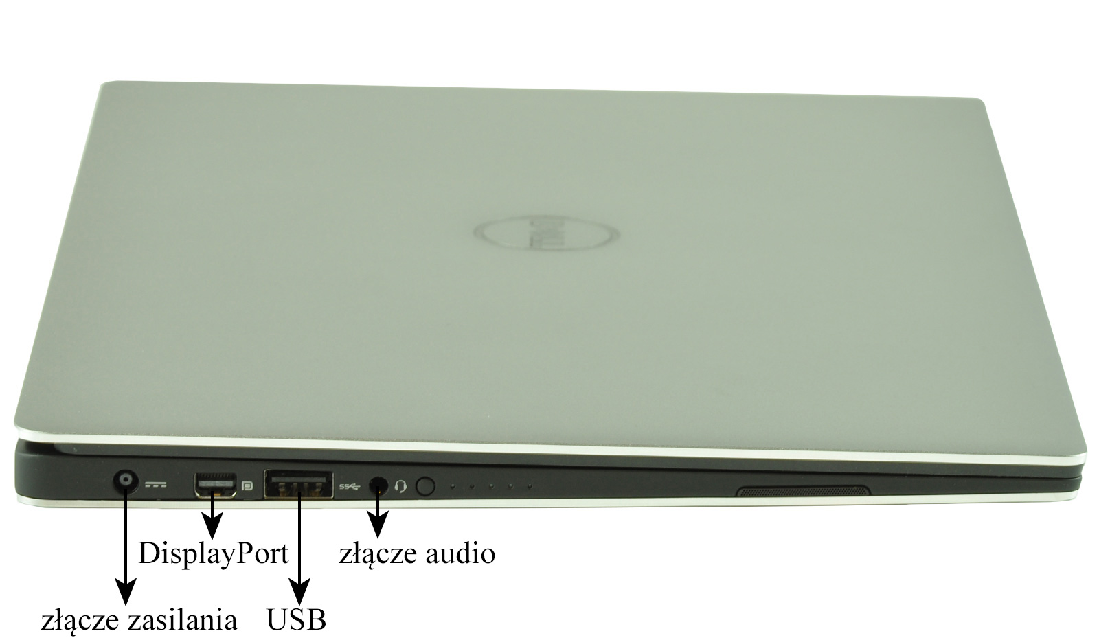 Closed silver laptop seen from the side showing ports: power, DisplayPort, USB, and audio jack labeled on the front edge.
