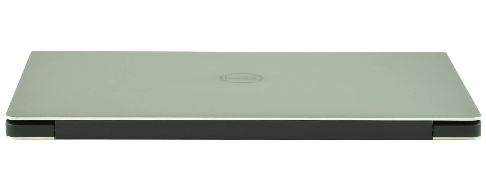 Closed silver Dell laptop viewed from the side, showing a black base and slim profile with the Dell logo on the lid