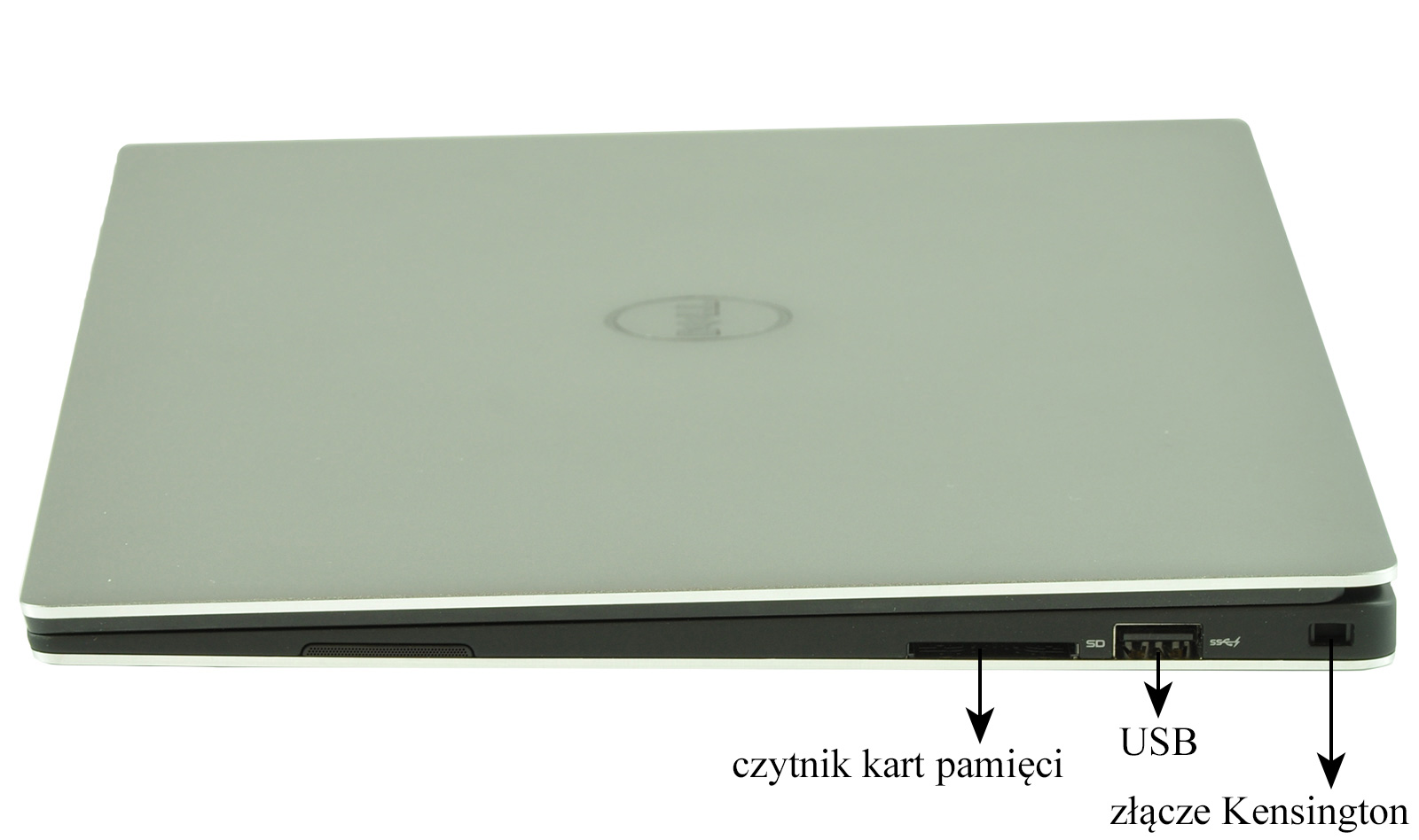 Zamknięty, srebrny laptop z po prawej stronie: czytnik kart pamięci, USB i złącze Kensington.