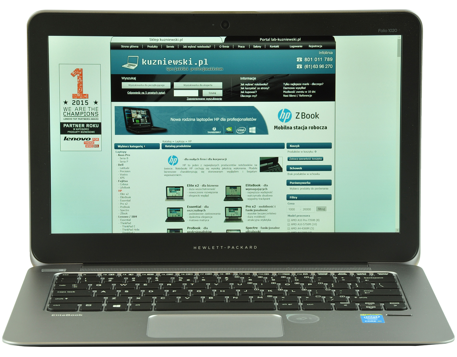 HP EliteBook laptop open to a Polish website kuzniewski.pl displayed on the screen.