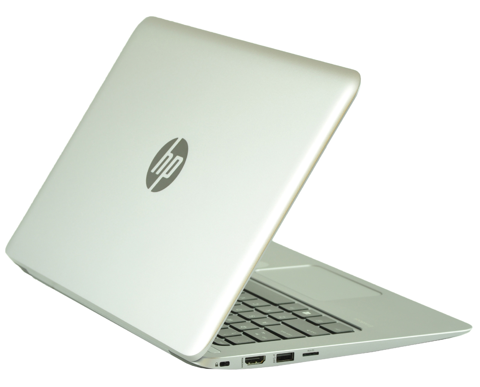 Open, angled view of a silver HP laptop showing the keyboard and side ports (USB, HDMI, and others).