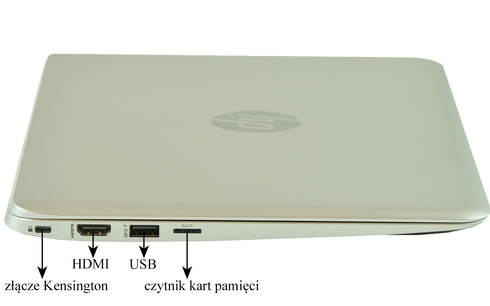 Silver laptop seen from the side with Kensington lock slot, HDMI, USB, and SD card reader along the front edge (Polish labels).