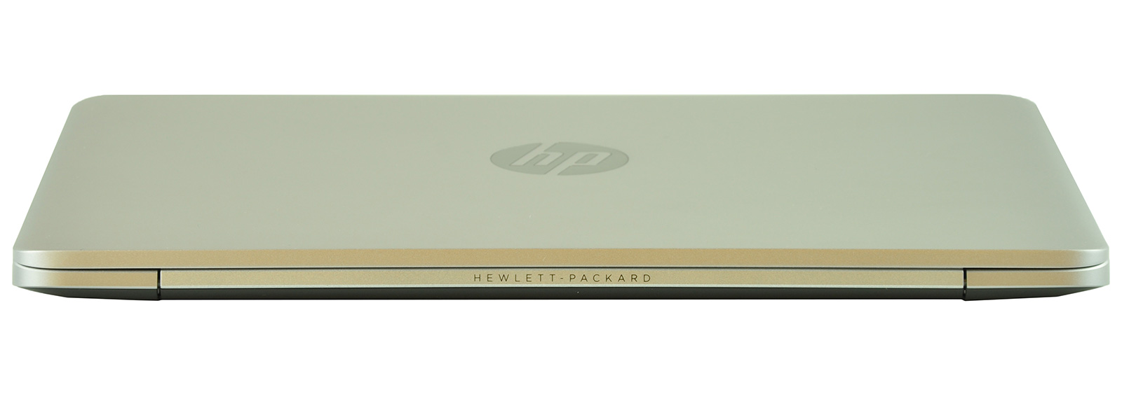Closed gold HP laptop seen from the side, showing a slim profile and HP logo on the lid.