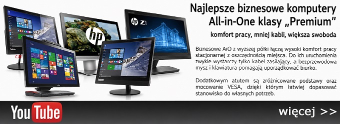 Kolaż monitorów HP All-in-One Premium promujący biznesową serię z napisem po prawej: 'Najlepsze biznesowe komputery All-in-One klasy Premium' z logiem YouTube u dołu.