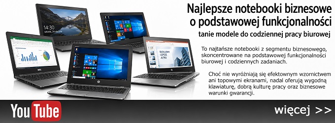 Banner ad with a cluster of business laptops and Polish text promoting affordable basic-function notebooks; YouTube logo bottom left.