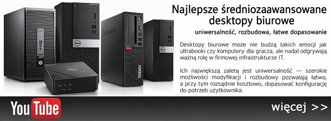 ranking_best_medium_level_desktops_2017_0909_main - lab-kuzniewski.pl - Testy laptopów, recenzje i porównania Banner ad featuring a row of black office desktop towers with Polish headline about midsize business desktops and a YouTube logo; CTA 'więcej >>'.