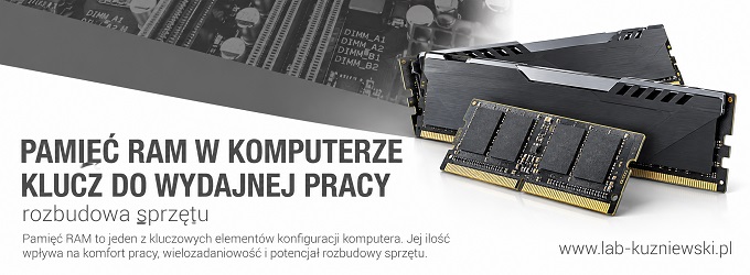 Banner advertising computer RAM upgrade, showing RAM sticks on the right and Polish headline about upgrading memory on the left.