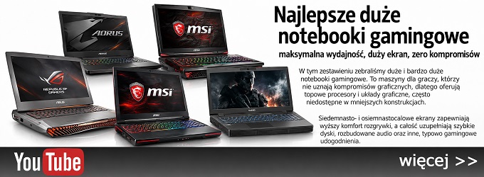 Banner ad featuring multiple large gaming laptops, YouTube logo at left, Polish slogan 'Najlepsze duże notebooki gamingowe' and a 'więcej' CTA.