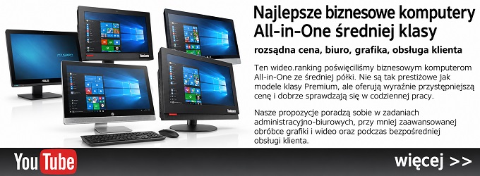 Banner advertising mid‑range all‑in‑one business computers, showing several Windows desktops on the left with Polish headline, a 'więcej >>' call to action on the right, and a YouTube logo at the bottom left.